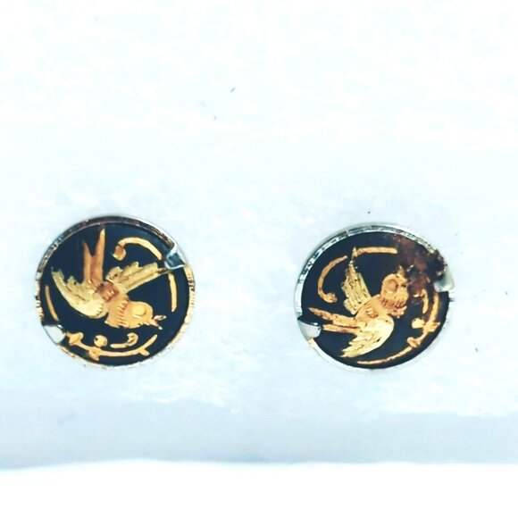 Vintage Damascene Gold Tone Round Bird Stud Earrings - Picture 4 of 4